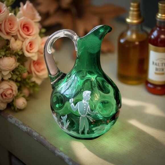 Vintage Green Art Glass Pitcher | Mary Gregory Style Hand Painted | Boho Vanity - Picture 3 of 5